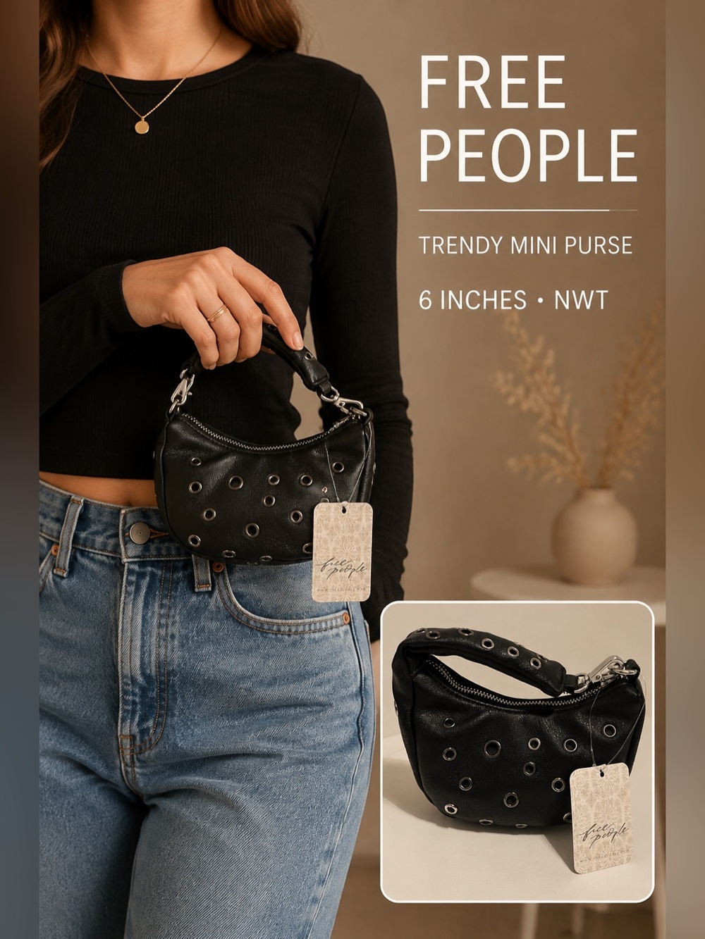 Free People Black Grommet Mini Purse